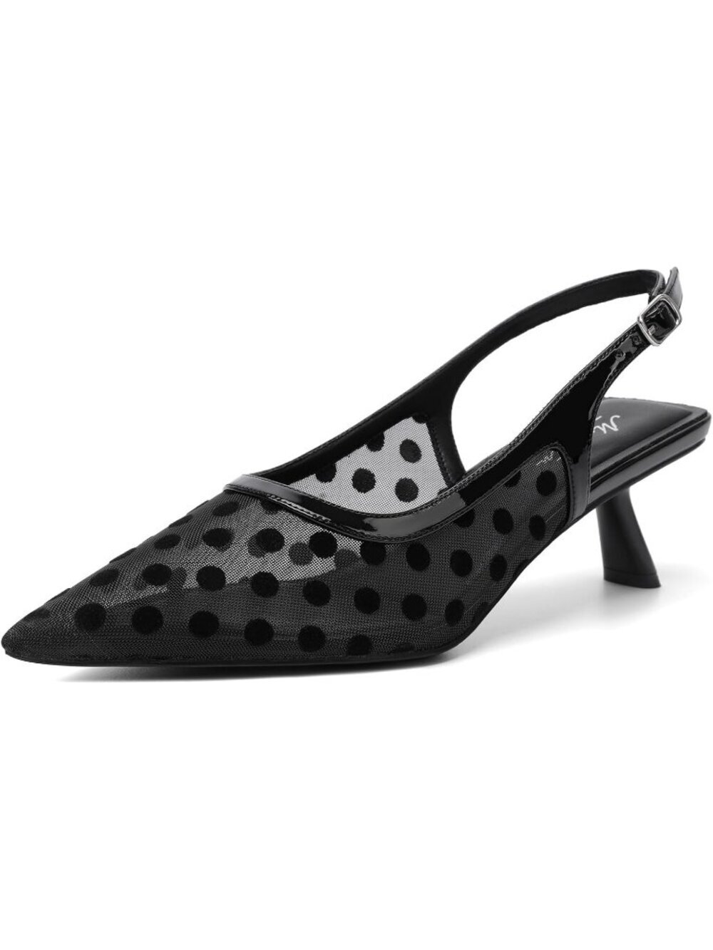 Women's Pointed Toe Patent Leather Polka Dot Low Slingback Heels Buckle Shoes